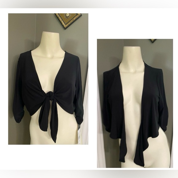 Perceptions New York Women's M Black Bolero Cropped Jacket Ruched Half Sleeve - Picture 1 of 12